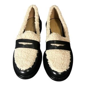 Ann Taylor Teddy Sherpa Loafers Size 6 Black Cream Flats